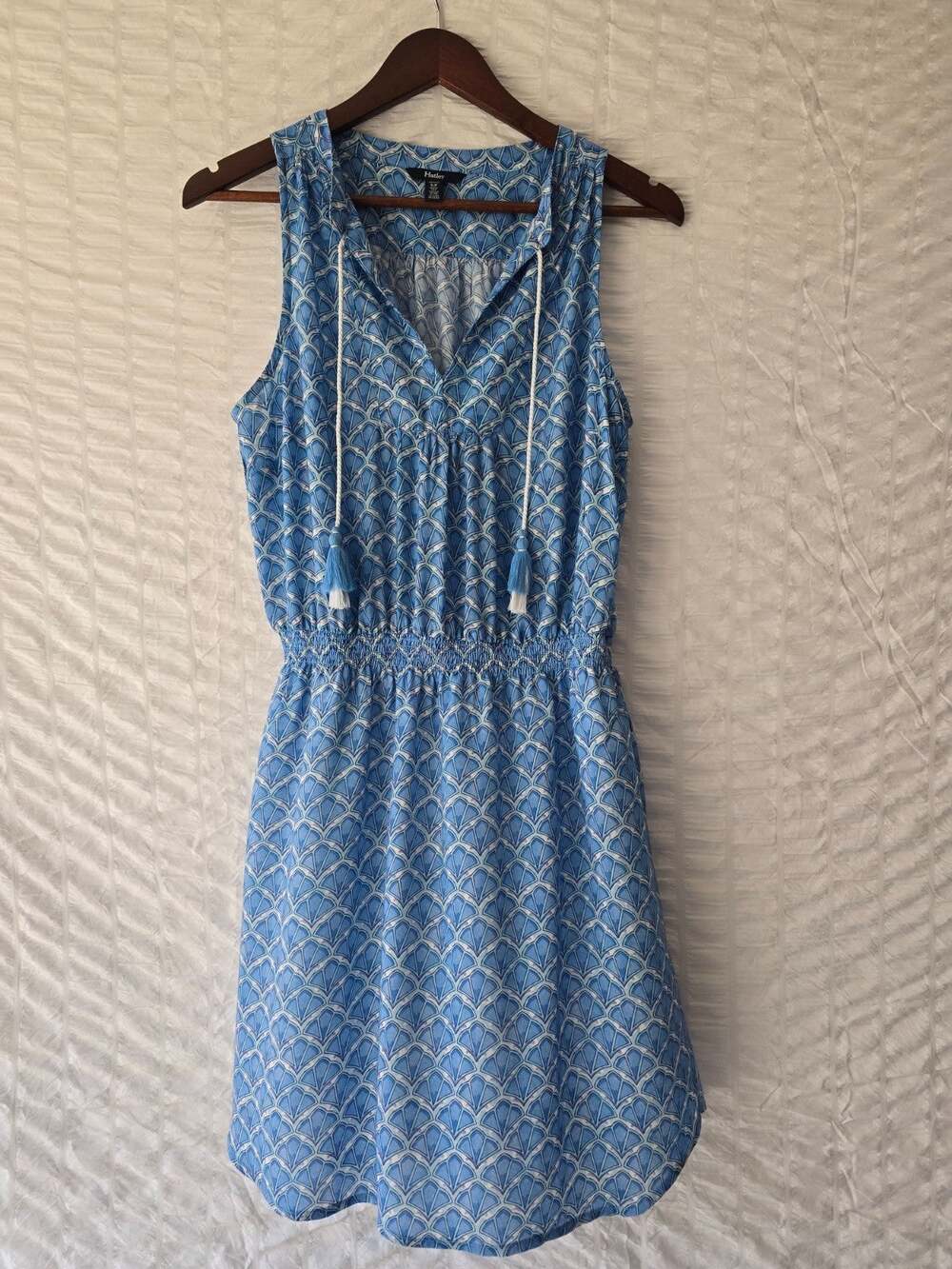 Hatley women's "Chloe" style sleeveless blue patterned tassel dress size S